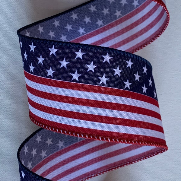 2.5" USA Continuous Flag Ribbon ~ American Flag Ribbon ~ Red White Blue ~ Stars & Stripes ~ Wired Ribbon ~ Patriotic Ribbon ~ 10 Yard Roll