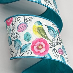 4&quot; Aqua Pink on White Ribbon ~ Birds Vines ~ Aqua Fused Back ~ Wired Edges ~ d stevens ~ 10 Yard Roll