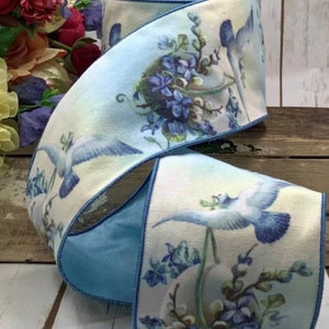 4" Blue Vintage Dove Ribbon ~ Violets ~ d stevens ~ Blue Back ~ Wired Edges ~ 10 Yard Roll