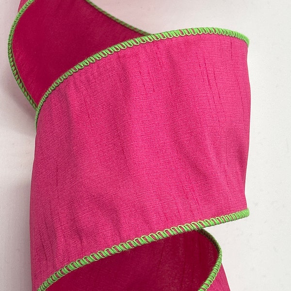 1.5"  2.5" or 4" Hot Pink Dupioni Ribbon ~ Lime Green Wired Edges ~ 10 Yard Roll