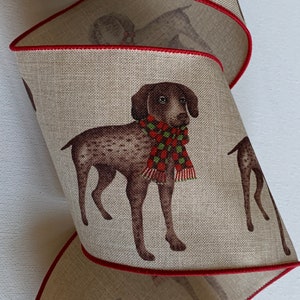 4" Natural Holiday Hunters Ribbon ~ Brown Dogs with Scarfs ~ Pointer ~ Wired Edges ~ 10 Yard Roll