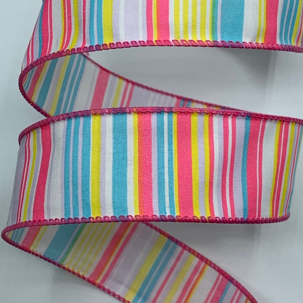 1.5" Multi Color Striped Ribbon  ~ Spring Ribbon ~ Summer Ribbon ~ Wired Edges ~ 10 Yards Cut