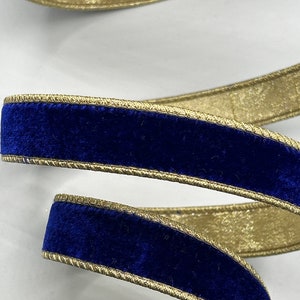 1&quot; Blue Velvet Ribbon ~ Cobalt or Sapphire Blue ~ Metallic Gold Back ~ Wired Edges ~ d stevens ~ 10 Yard Roll