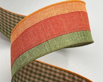 2.5" Fall Stripe Ribbon ~ Orange Green Rust ~ Green Check Back ~ Farrisilk ~ Wired Edges ~ 10 Yard Roll