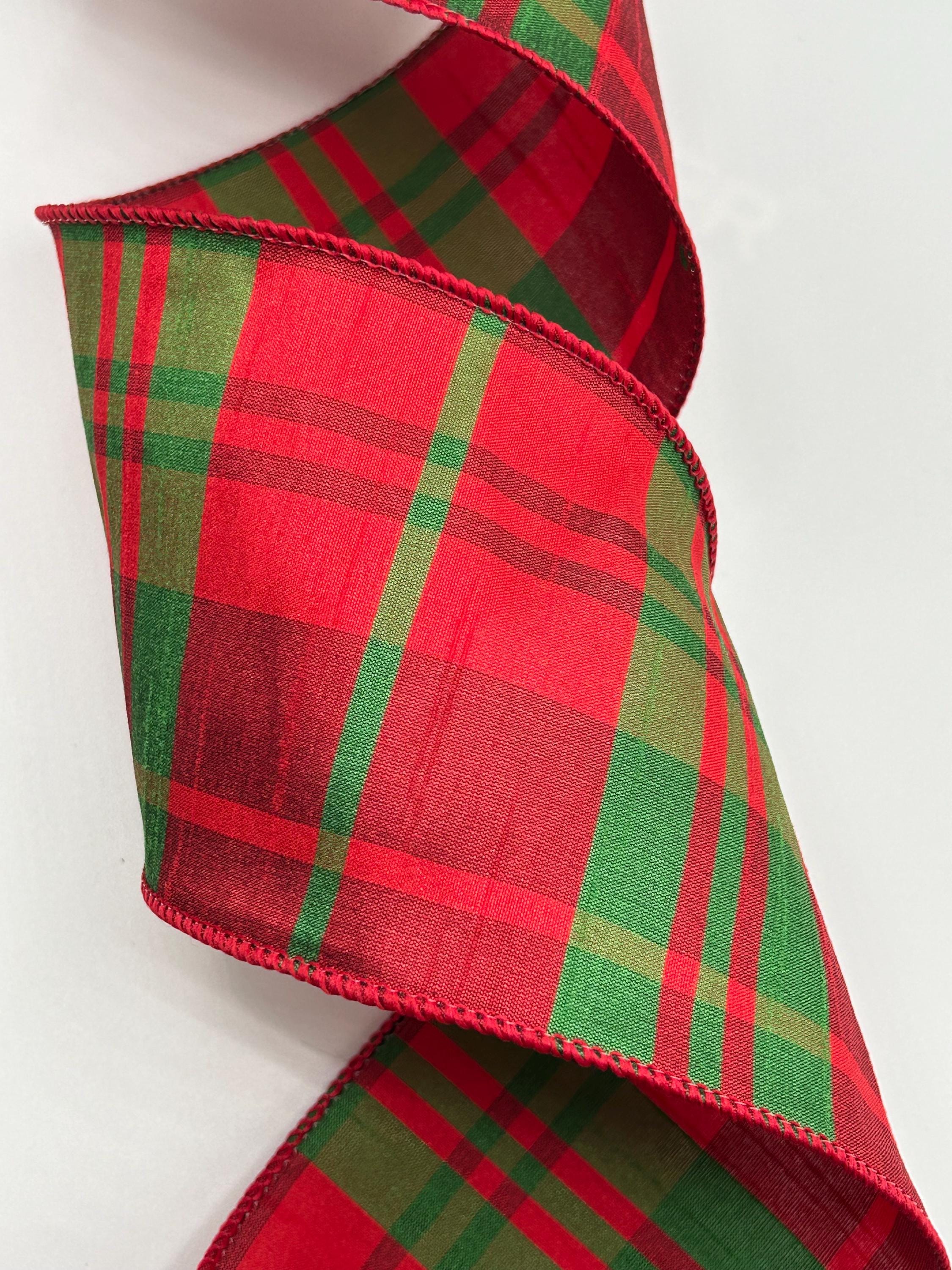 2.5" or 4" Red and Green Plaid Dupioni Ribbon ~ Wired Edges ~ 10 Yard Roll