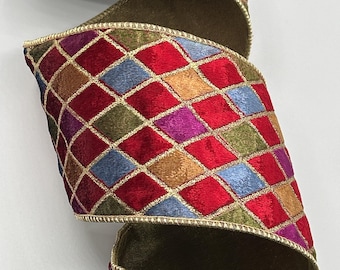 2.5" or 4" Diamond Velvet Ribbon ~ Jewel Tones ~ Red Blue Green Gold ~ Gold Back ~ Wired Edges ~ By The Roll