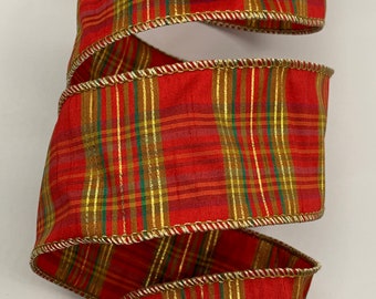 2.5" Red Plaid Dupion Ribbon ~ Faux Silk ~ Metallic Gold ~ Mustard ~ Green ~ Wired Edges ~ d stevens ~ 10 Yard Roll