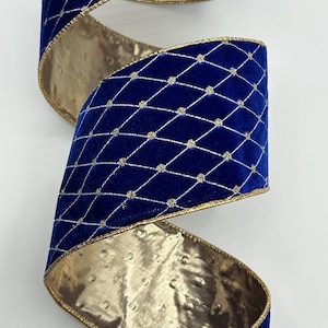 4&quot; Royal Blue Velvet Ribbon ~ Embroidered Diamond Pattern ~ Gold Back ~ Wired Edges ~ d stevens ~ 10 Yard Roll