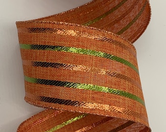 2.5" Tonal Metallic Stripes on Orange Linen Ribbon ~ Wired Edges ~ 10 Yard Roll