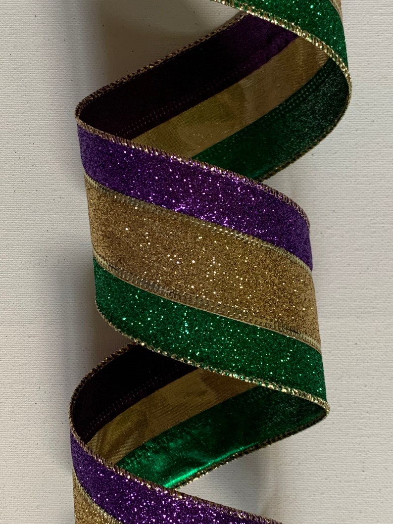 2.5 Purple Green /& Gold Glittered Ribbon ~ Mardi Gras ~ Stripes ~ Glitz ~ 10 Yard Roll