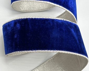 2.5" Cobalt Blue Velvet Ribbon ~ Metallic Silver Back ~ Wired Edges ~ d stevens ~ 10 Yard Roll