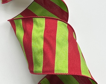 2.5" or 4" Red and Chartreuse Striped Ribbon ~ Dupioni ~ Wired Edges ~ 10 Yard Roll