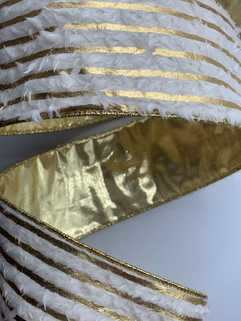 2.5" Ivory Faux Fur Ribbon ~ Metallic Gold Stripes ~ Metallic Gold Back ...