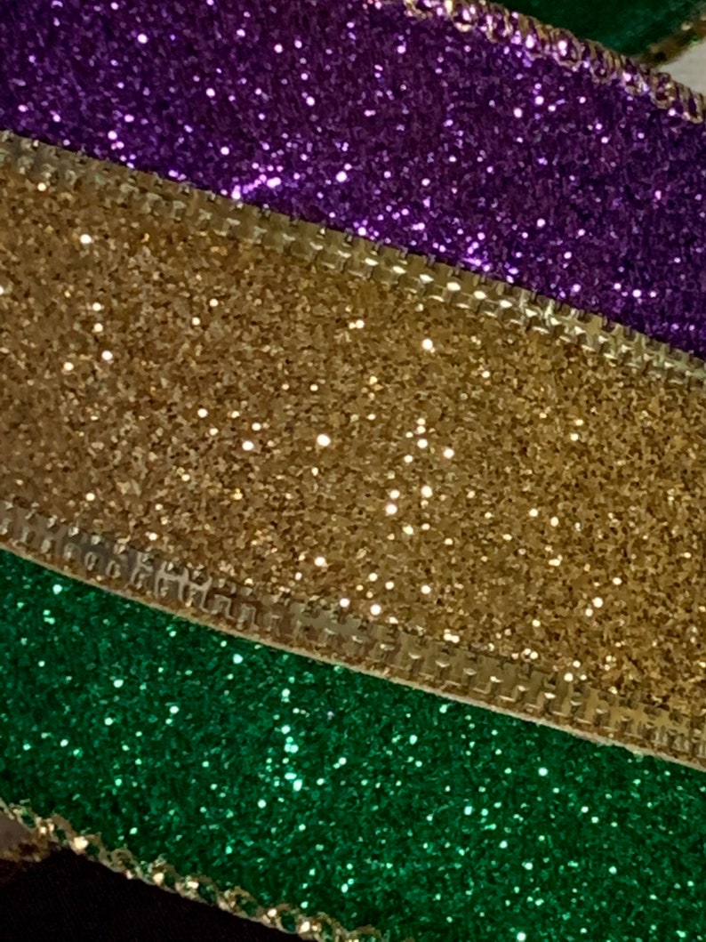 2.5 Purple Green /& Gold Glittered Ribbon ~ Mardi Gras ~ Stripes ~ Glitz ~ 10 Yard Roll