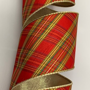 1.5" 2.5" or 4" Red and Gold Plaid Dupion Ribbon ~ Metallic Champagne Gold Back ~ Wired Edges ~ d stevens ~ Faux Silk ~ 10 Yard Roll