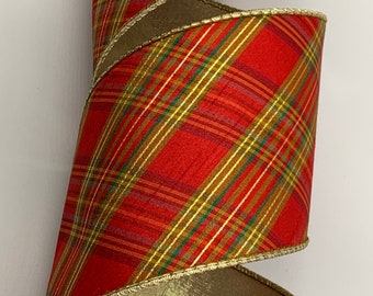 1.5" 2.5" or 4" Red and Gold Plaid Dupion Ribbon ~ Metallic Champagne Gold Back ~ Wired Edges ~ d stevens ~ Faux Silk ~ 10 Yard Roll