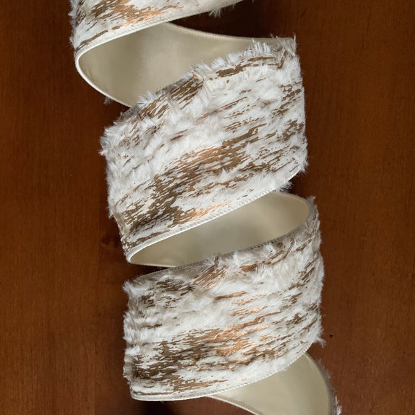 2.5" or 4"  Black or Ivory Ribbon ~ Birch Bark Look ~ Faux Fur ~ Gold Detail ~ Farrisilk ~ Wired Edges ~  Soft & Silky ~ 10 Yard Roll