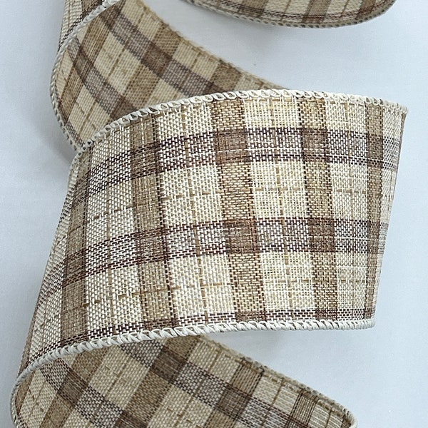 2.5" Brown and Beige Plaid Ribbon ~ Linen ~ Wired Edges ~ 10 Yard Roll