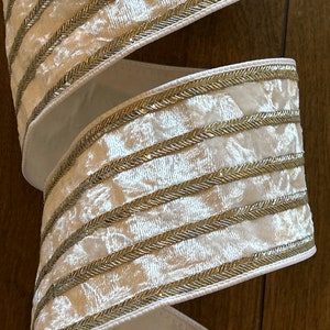 4" White Velvet Ribbon ~ Silver and Gold Metallic Stripes ~ Wired Edges ~ Farrisilk ~ 5 Yard Roll