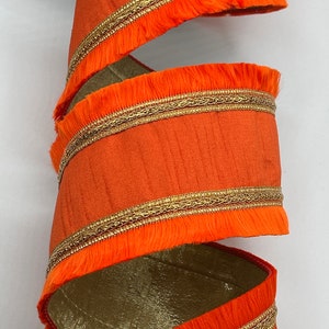 4" Orange Ribbon ~ Gold Trim ~ Orange Fringe ~ Metallic Gold Back ~ Wired Edges ~ Farrisilk ~ 10 Yard Roll