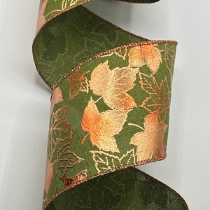 4" Olive Green Linen Ribbon ~ Copper Embossed Autumn Leaves ~ Wired Edges ~ d stevens ~ 10 Yard Roll