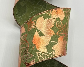 Cinta de lino verde oliva de 4" ~ Hojas de otoño en relieve de cobre ~ Bordes con alambre ~ d stevens ~ Rollo de 10 yardas