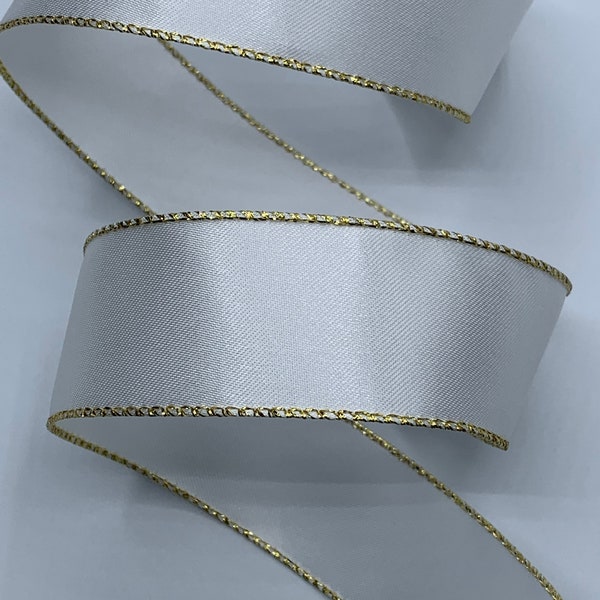 1.5" White Satin Ribbon ~ Metallic Gold Stitched Edges ~ Wired ~ 10 Yards Cut