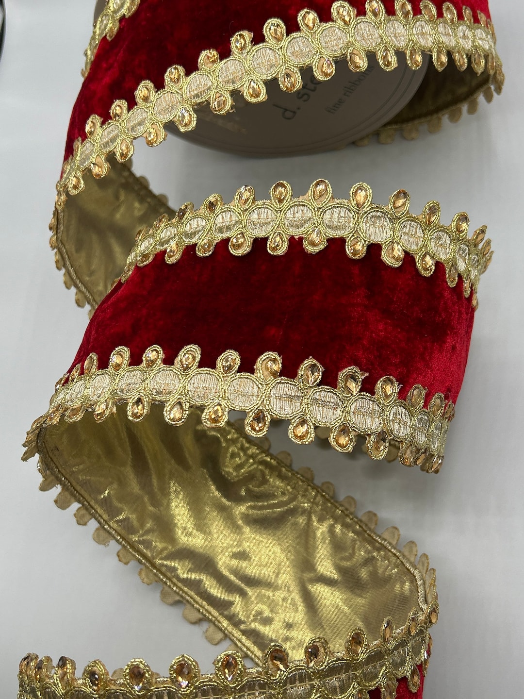 4 Red Velvet Ribbon Gold Embroidered and Jeweled Trim Wired Edges Gold