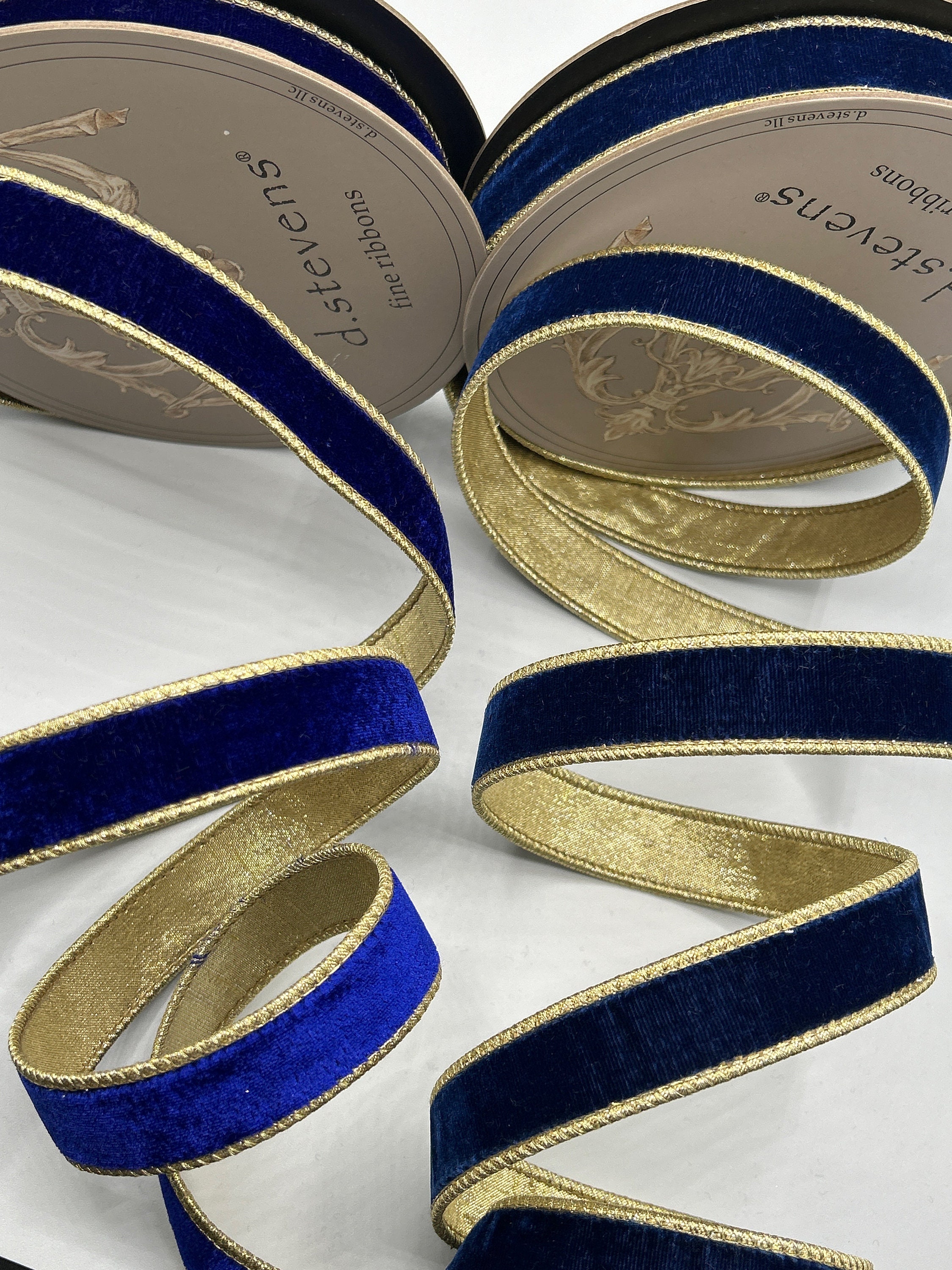 d.stevens 2.5 Royal Blue Velvet Christmas Ribbon with Gold Edges & Back - 10 Yards