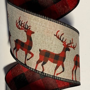 2.5&quot; Black and Red Buffalo Check / Plaid Deer on Natural Ribbon ~ Wired Edges ~ d stevens ~ 10 Yard Roll