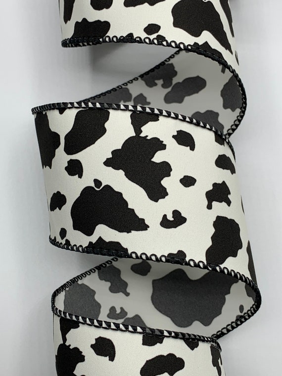 2.5 Cow Print Ribbon Black & White Wired Edges 10 Yards Animal