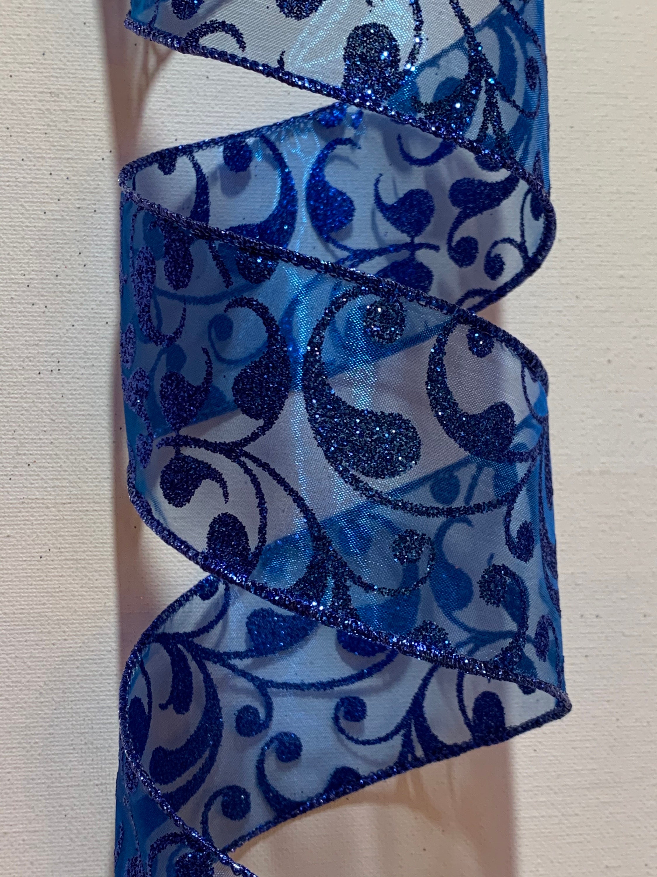 2.5 Royal Blue Sheer Wired Ribbon Glittered Scroll Etsy