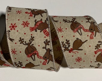 2.5" Christmas Reindeer on Natural Linen Ribbon ~ Cute ~ Wired Edges ~ 10 Yard Roll