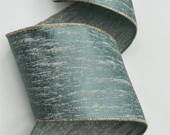 4" Gold Frosted Blue Jacquard Ribbon ~ Wired Edges ~ d stevens ~ 10 Yard Roll