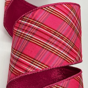 1.5&quot; 2.5&quot; or 4&quot; Hot Pink Plaid Dupion Ribbon ~ Metallic Hot Pink Back ~ Wired Edges ~ d Stevens ~ 10 Yard Roll