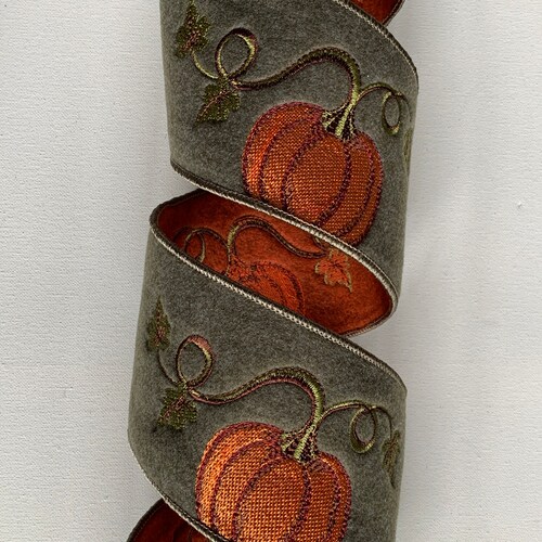 4" Felt Ribbon Embroidered Pumpkins Fall Ribbon Wired Edges d