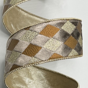 2.5&quot; Velvet Harlequin Ribbon ~ Taupe Gold Diamonds ~ Wired Edges ~ d stevens ~ 10 Yard Roll