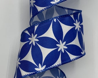 2.5" Royal Blue & White Grosgrain Ribbon ~ Daisies ~ Wired Edges ~ d stevens ~ 10 Yard Roll