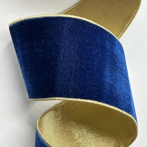 4&quot; Royal Blue Velvet Ribbon ~ Metallic Gold Back ~ d stevens ~ Wired Edges ~ 10 Yard Roll