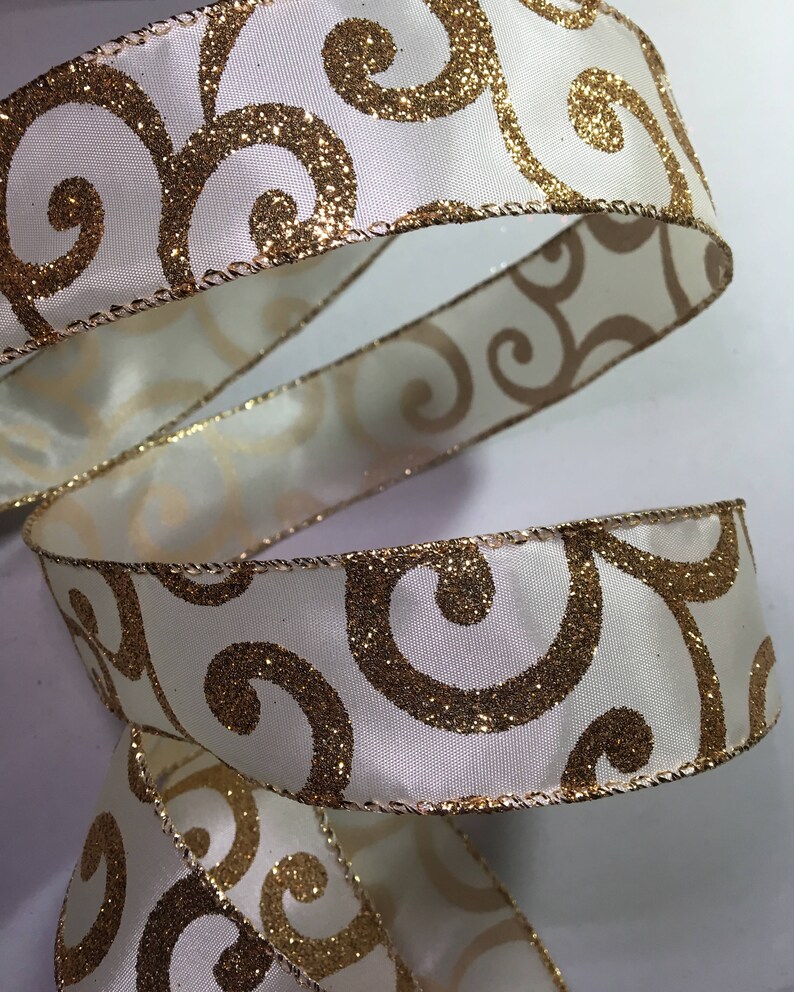 1.5 Creme Satin Ribbon With Gold Glitter Swirls 5 Yards Etsy