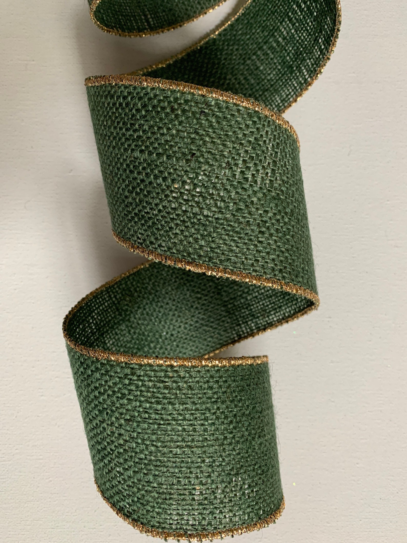 2.5 Dark Green Burlap Ribbon Gold Wired Edges Hunter Etsy
