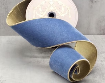 1"  2.5" or 4" Dusty Blue Velvet Ribbon ~ Metallic Gold Back ~ d stevens ~ Designer Ribbon ~ Wired Ribbon ~ 10 Yard Roll