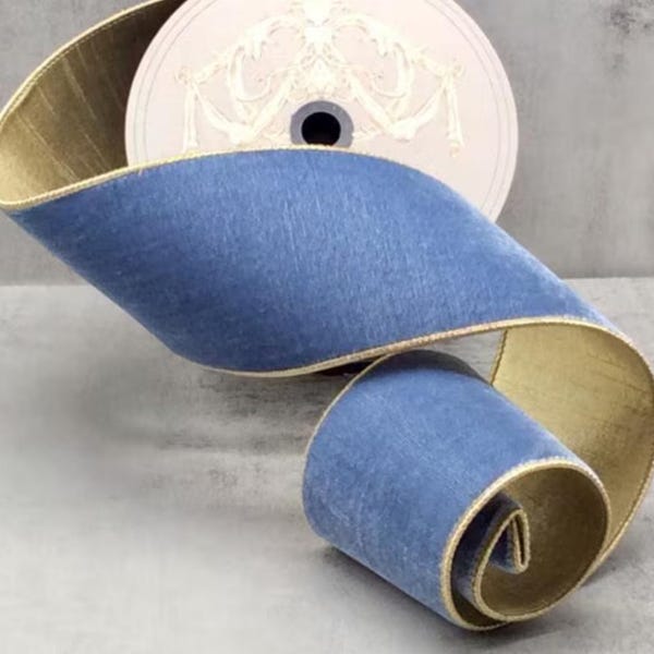 1"  2.5" or 4" Dusty Blue Velvet Ribbon ~ Metallic Gold Back ~ d stevens ~ Designer Ribbon ~ Wired Ribbon ~ 10 Yard Roll
