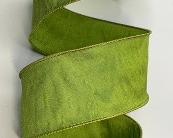 1.5" 2.5" or 4" Green Grass Dupioni Ribbon ~ Wired Edges ~ Faux Silk ~ By The Roll