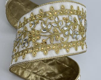 4" White Velvet Ribbon ~ Gold Metallic Floral Trim ~ Jewels ~ Gold Back ~ Wired Edges ~ d stevens ~ 5 Yard Roll