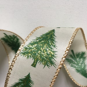 1.5" Wide Ivory Satin Ribbon with Green Trees and Gold Wired Edges 10 Yards