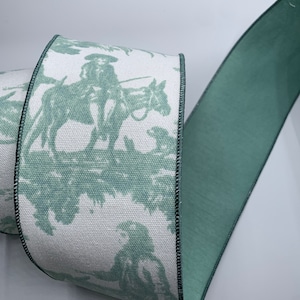 4&quot; Canvas Bayeux Toile Ribbon ~ Celadon ~ Wired Edges ~ d stevens ~ 10 Yard Roll
