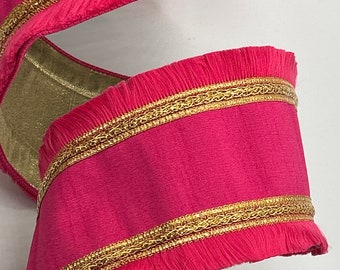 4" Hot Pink Ribbon ~ Gold Trim ~ Hot Pink Fringe ~ Metallic Gold Back ~ Wired Edges ~ Farrisilk ~ 10 Yard Roll