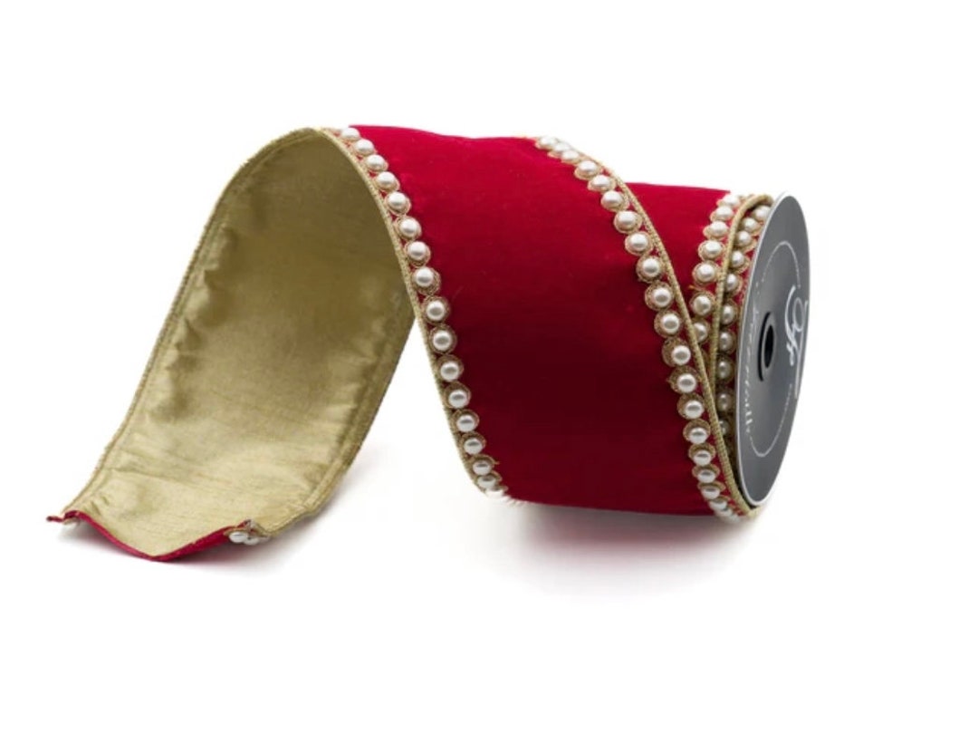 4 Red Velvet Ribbon Pearl Borders Metallic Gold Back Wired Edges ...