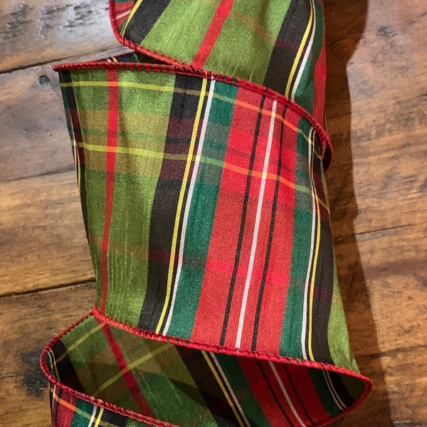 2.5" or 4" Plaid Dupioni Ribbon ~ Faux Silk ~ Red Green ~ Wired Edges ~ 10 Yard Roll